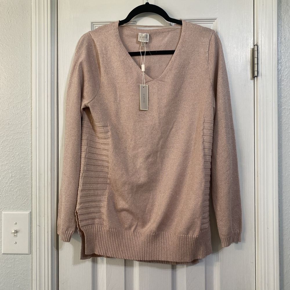 Cupio Womens Sweater Size XL Metallic Pink Long Sleeves V-neck Fabric Blend